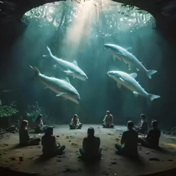 a group of people sitting in front of large aquarium