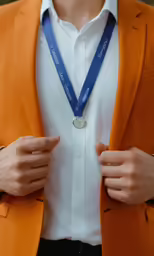 a person wearing an orange jacket and holding a medal