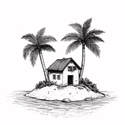 a drawing of a small hut on a beach with two palm trees
