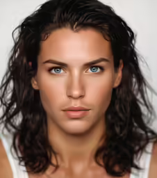 a woman with wet hair and blue eyes looking into the camera