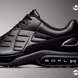 a pair of black shoes is shown with the logo below