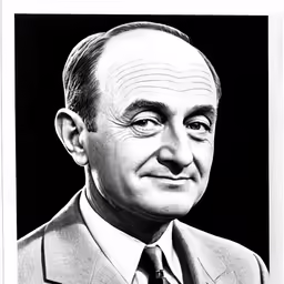 a black and white drawing of a man wearing a suit