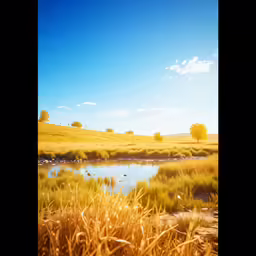 the pond is surrounded by brown grass