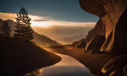 a creek running between two large rocks under a blue sky
