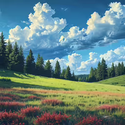 clouds loom above a grassy, tree - lined valley