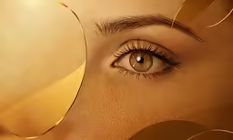 a woman with large brown eyes standing behind an oval object