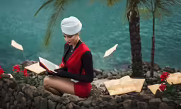 a woman is sitting on a rock and reading a book