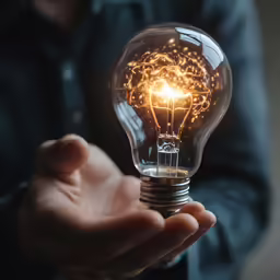 a person holding an illuminated bulb in their hand