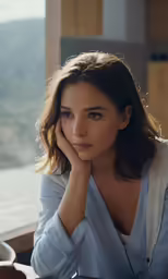 an attractive woman wearing a white shirt with her hands on her chin
