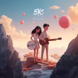 the girl with the red guitar is standing on a cliff next to a man and a woman