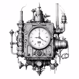 an artistic drawing of an industrial clock with valves