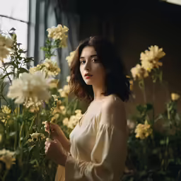 a girl with shoulder length hair standing in front of white flowers