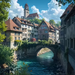 a river flowing through a city surrounded by buildings