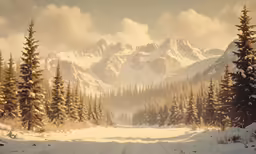 snow covered mountains, snow covered pine trees and a dirt road