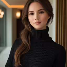 a woman with long hair wearing a black sweater