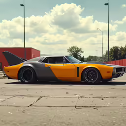 an orange car parked on a parking lot near buildings