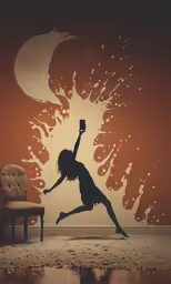 a silhouette of a woman jumping up and down with a laptop on her head