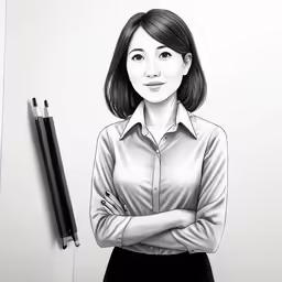 this is an illustration of a woman standing with her arms crossed and wearing a shirt and skirt