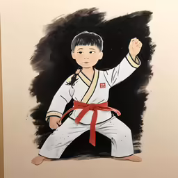 the boy is doing a karate stance with his hands in the air