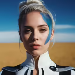 a woman wearing a white suit in front of a blue sky