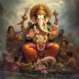 an illustration of hindu god sitting on the ground,there is a painting of a god and many people
