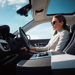 the woman is sitting in the drivers seat of the car