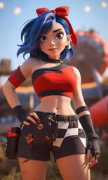 a cartoon woman wearing a bra with red bows and a striped outfit