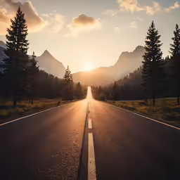 a road in the mountains with bright sun peeking through