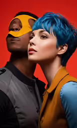 a young man and woman with their faces covered by masks