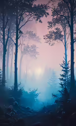 an image of foggy forest with the sun low