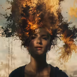 a woman looks at the camera with flames coming out of her head