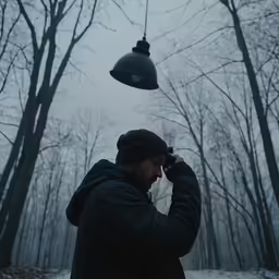 man wearing a black jacket, hoodie and coat holding a camera to his ear in front of the woods