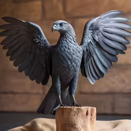a statue of a bird is on top of a piece of wood