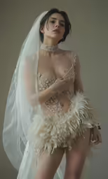 a woman is standing in a wedding dress