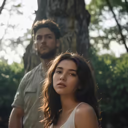a woman is next to a man in the forest