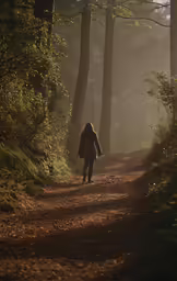 a person walking on a road in the woods