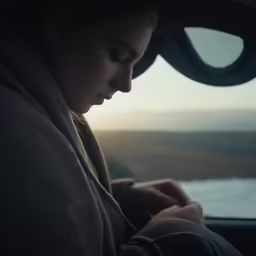 a woman in a hoodie is looking down