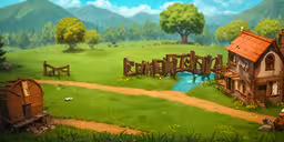 an image of a cartoon farm scene with houses,an illustrated style scenery depicting a farm, bridge, stream and barn