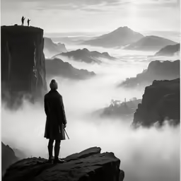 a man stands at the edge of a mountain while looking out