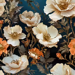 a pattern of white and orange flowers and leafs