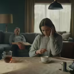 a woman is sitting at a wooden table, holding a phone while looking down and drinking from a cup