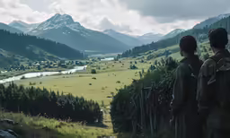 two people stand in front of a beautiful valley and mountains