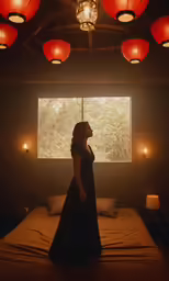 woman standing in front of a window with red lanterns above her head