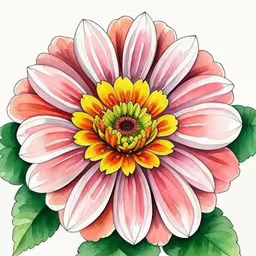 watercolor drawing of a flower on a white paper,a painting of a flower on a white background,drawing flower images with colored pencils step by step,a large flower with large leaves on it,the large flower has been drawn on the paper
