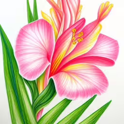 pink flower on white paper with green leaves,a drawing of two pink flowers on a white background