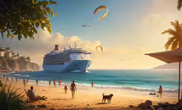 people are on the beach with a large cruise ship in the distance,a cruise ship sailing across the ocean next to a beach