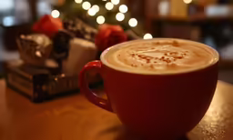 a red mug is sitting on the table