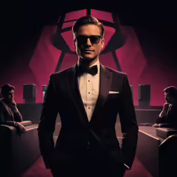 a man in a tuxedo stands in a lobby