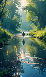 a man walking across a river under a forest