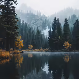 the trees are surrounding the lake and mountains in the background